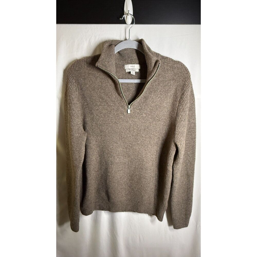 M&S Men’s Brown Wool-Blend Ribbed Quarter-Zip Sweater Size Medium